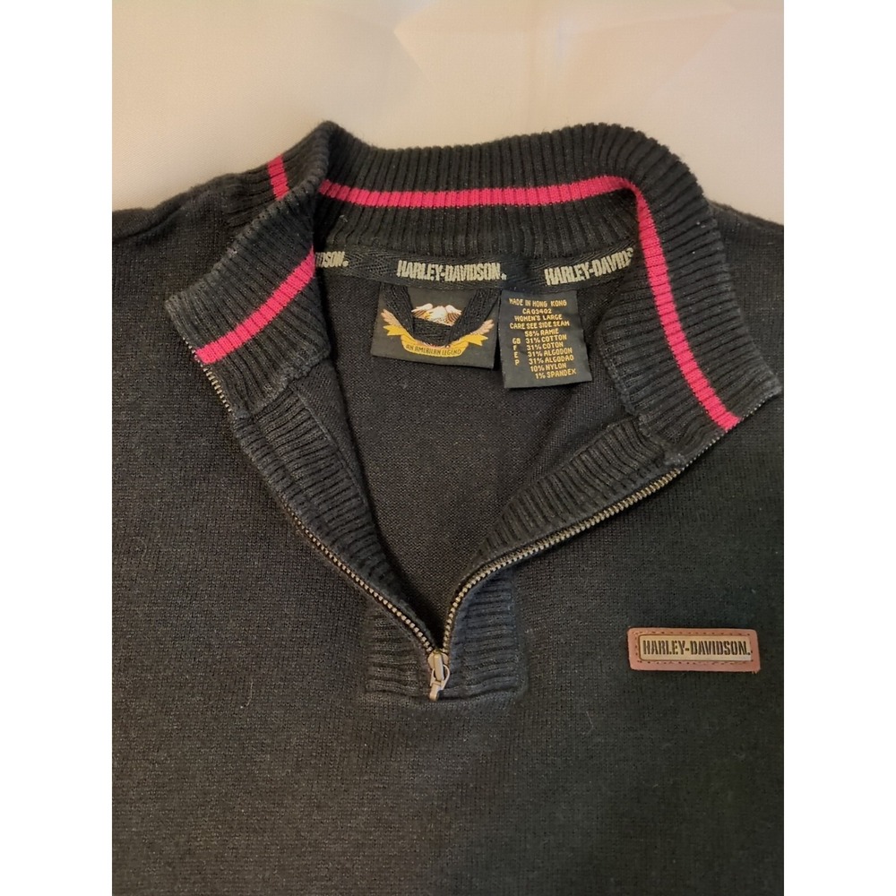 Harley Davidson Women's Blk W/ Red Stripe Trim-Leather Metal Logo ‎ Sweater Sz L